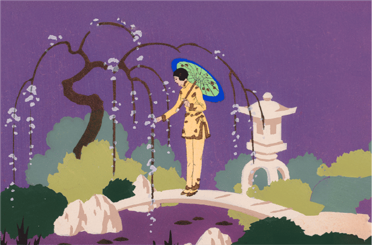 A person with an umbrella stands on a curved bridge, surrounded by a tree and lantern in a stylized, colorful landscape.