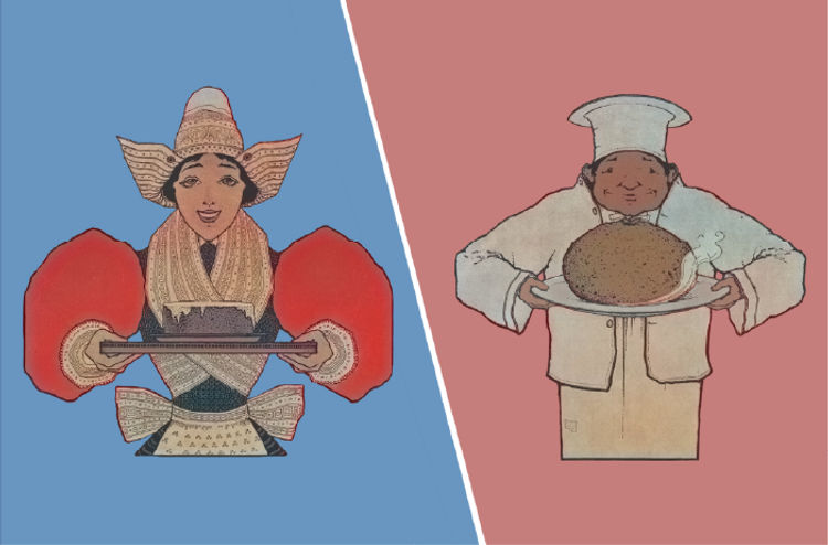 Illustration of a woman in traditional attire holding a tray on the left, and a chef with a large dish on the right, against blue and pink backgrounds.
