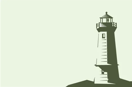 Silhouette of a lighthouse against a pale background, with the light structure clearly defined on the right side.
