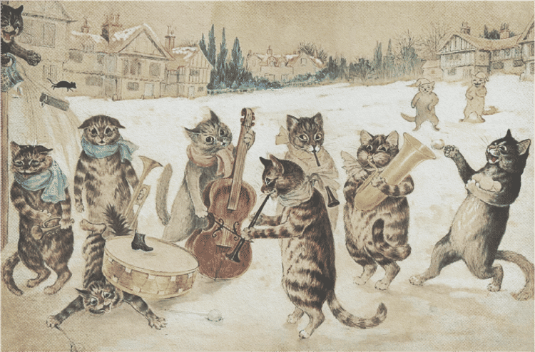 Cats in winter clothes play instruments in a snowy village scene, including a drum, cello, trumpet, and violin, with houses in the background.
