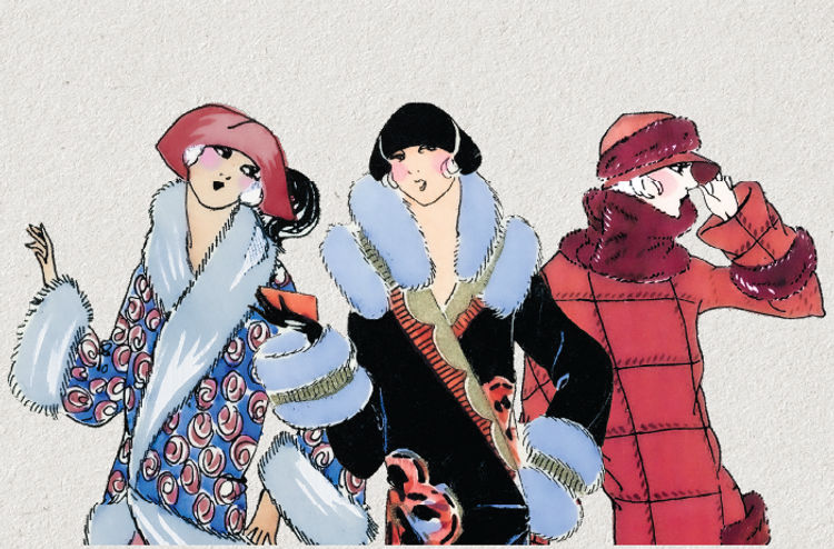 Illustration of three fashionably dressed women in vintage winter coats with fur trim, featuring bold patterns and hats.