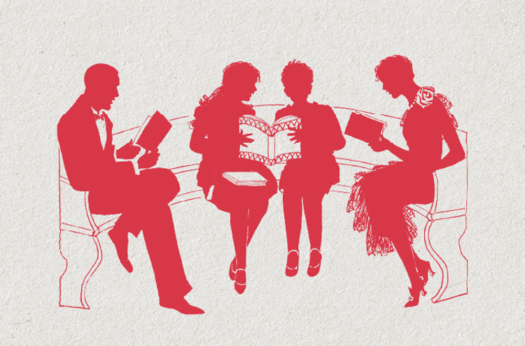 Silhouettes of four people sitting on a bench, reading books, against a textured background.