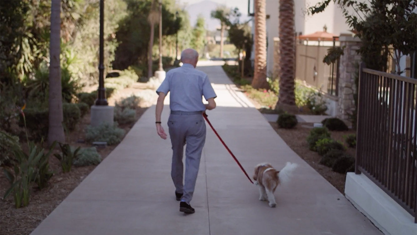 Older man walking his dog