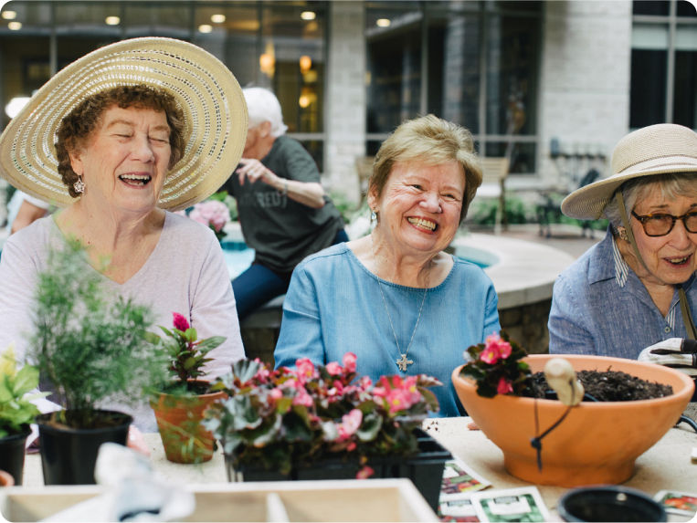 Group of senior women potting plants together