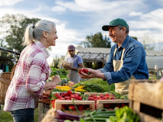 Older man wearing a green hat, denim shirt, and tan apron sells fresh strawberries to an older woman in flannel at a farmers market