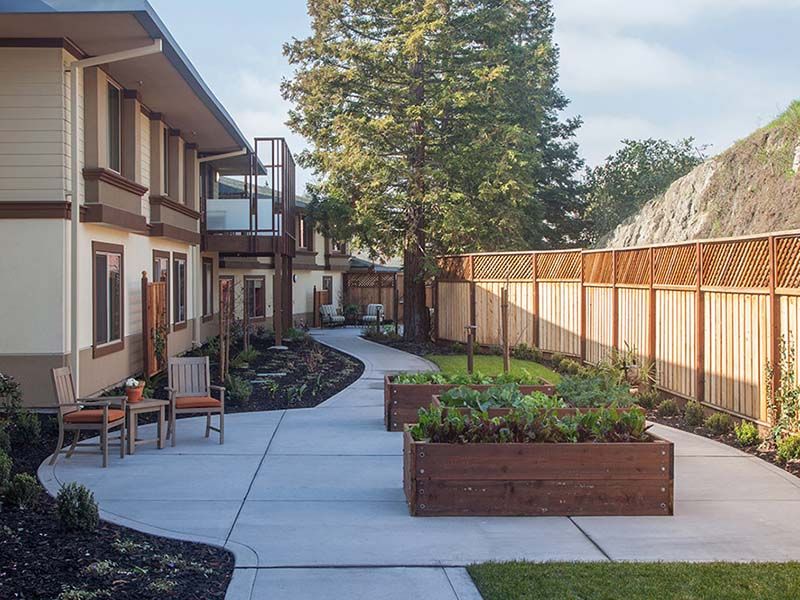 Walking path and patio at Atria Walnut Creek