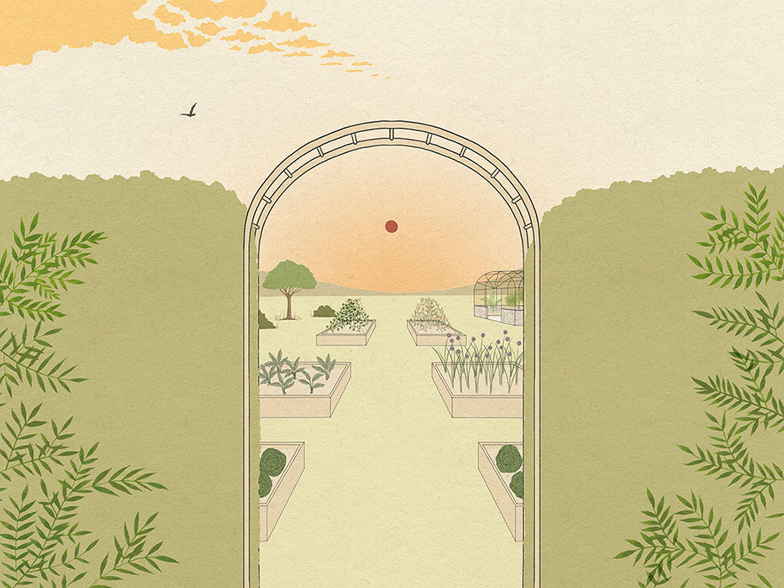 Illustration of garden entrance with arched gate