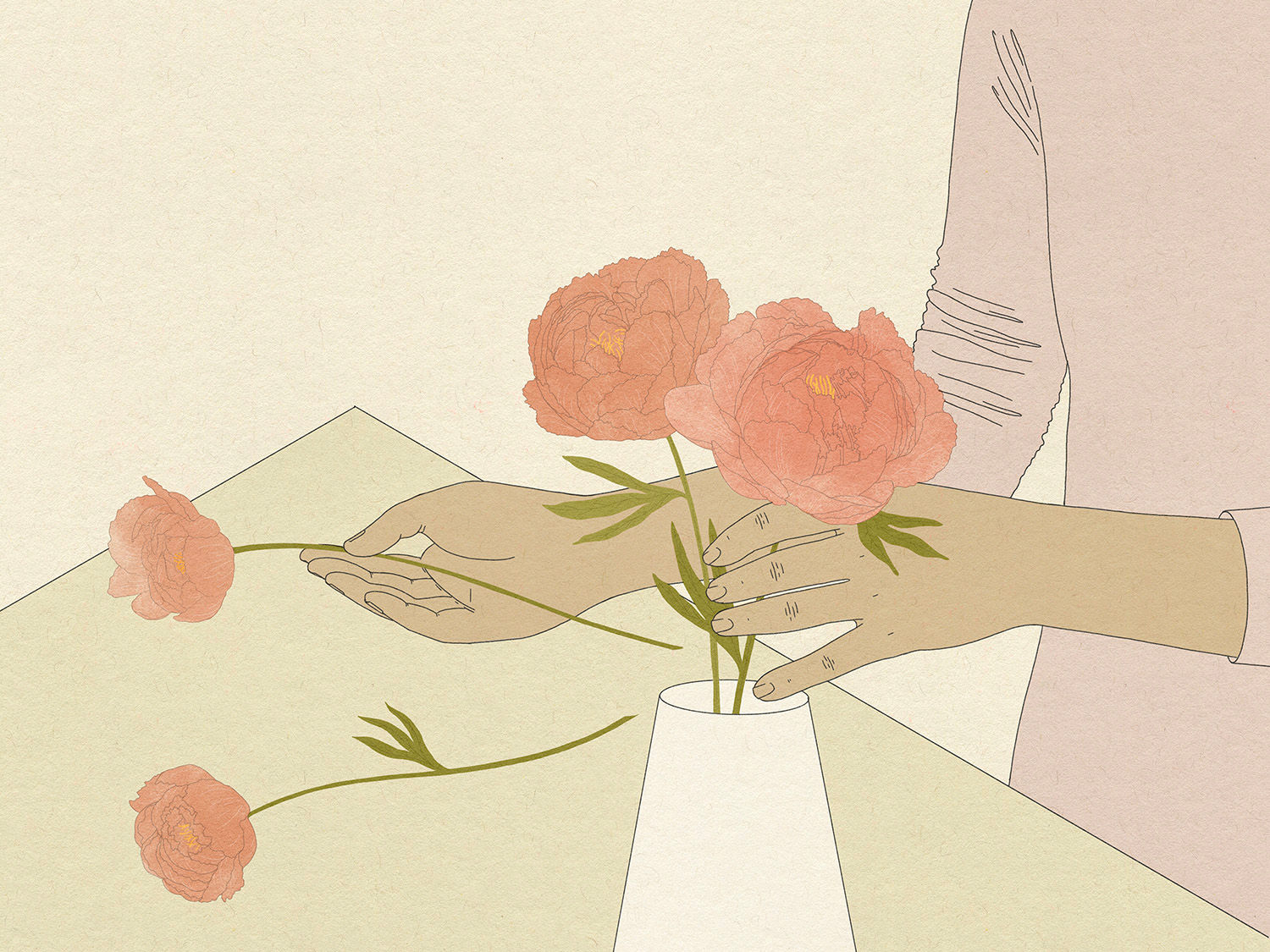 Illustration of woman's hands arranging four roses in a vase.