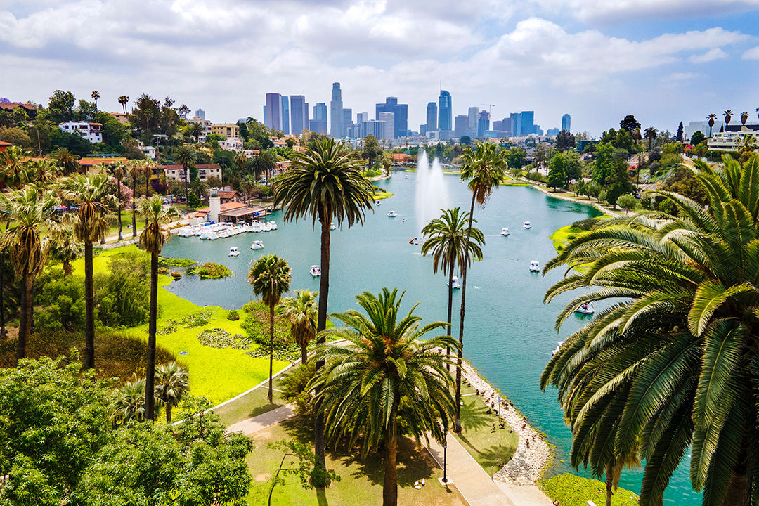 Palm tree-lined waterfront view of Ventura County in Los Angeles, California.