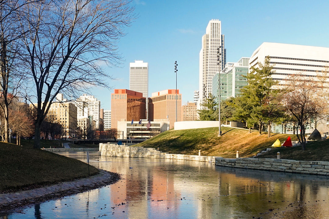 Riverfront buildings, art, bridges and architecture of Omaha, Nebraska