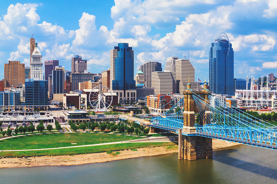 Cincinnati Ohio skyline with John Roebling bridge aerial view