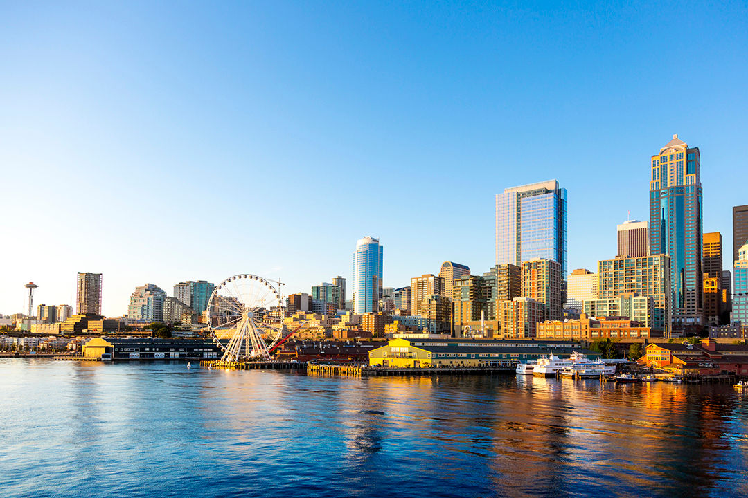 Beautiful Seattle waterfront art sunset. Includes the Great Wheel ferris wheel which opened in the summer of 2012.