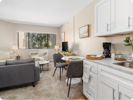 Modern apartment showing a kitchenette, dining area, and living room