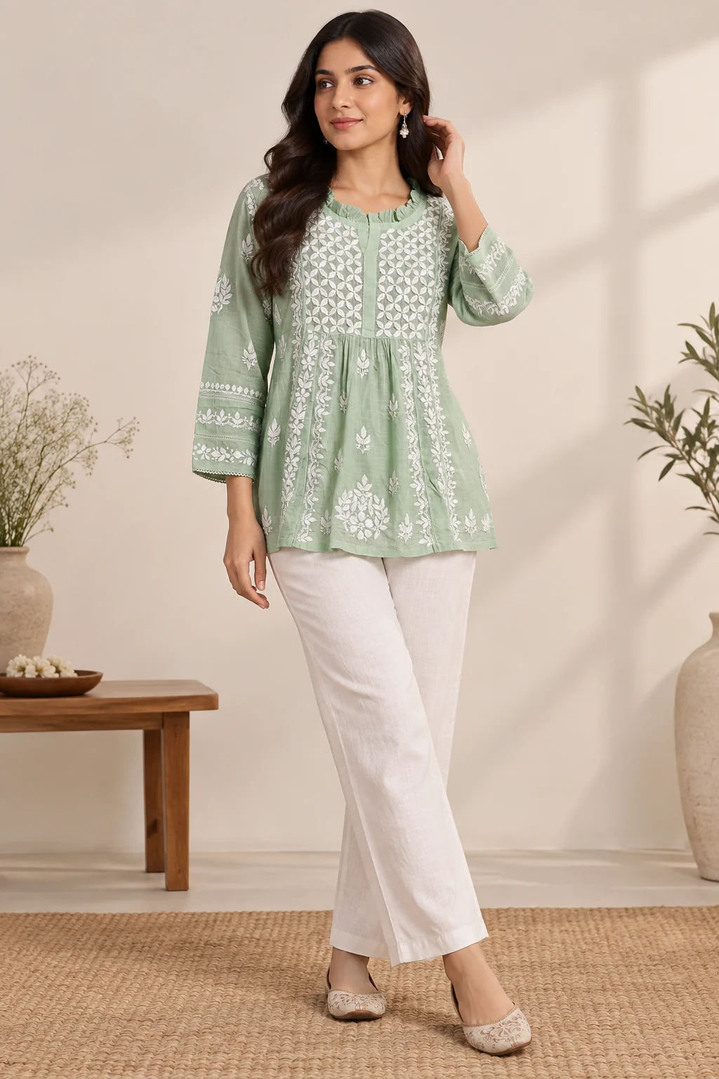 Baby Pink Short Green Slub Cotton Chikankari Frock with Floral Embroidery