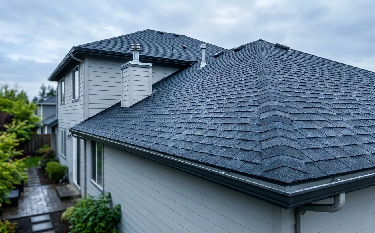 Close-up of a two-story light gray house showing dark gray asphalt shingle roofs with multiple slopes and ridges, a white chimney and vent pipes, metal gutters and downspout, wet shingles from recent rain, cloudy sky and a paved side walkway with green shrubs.