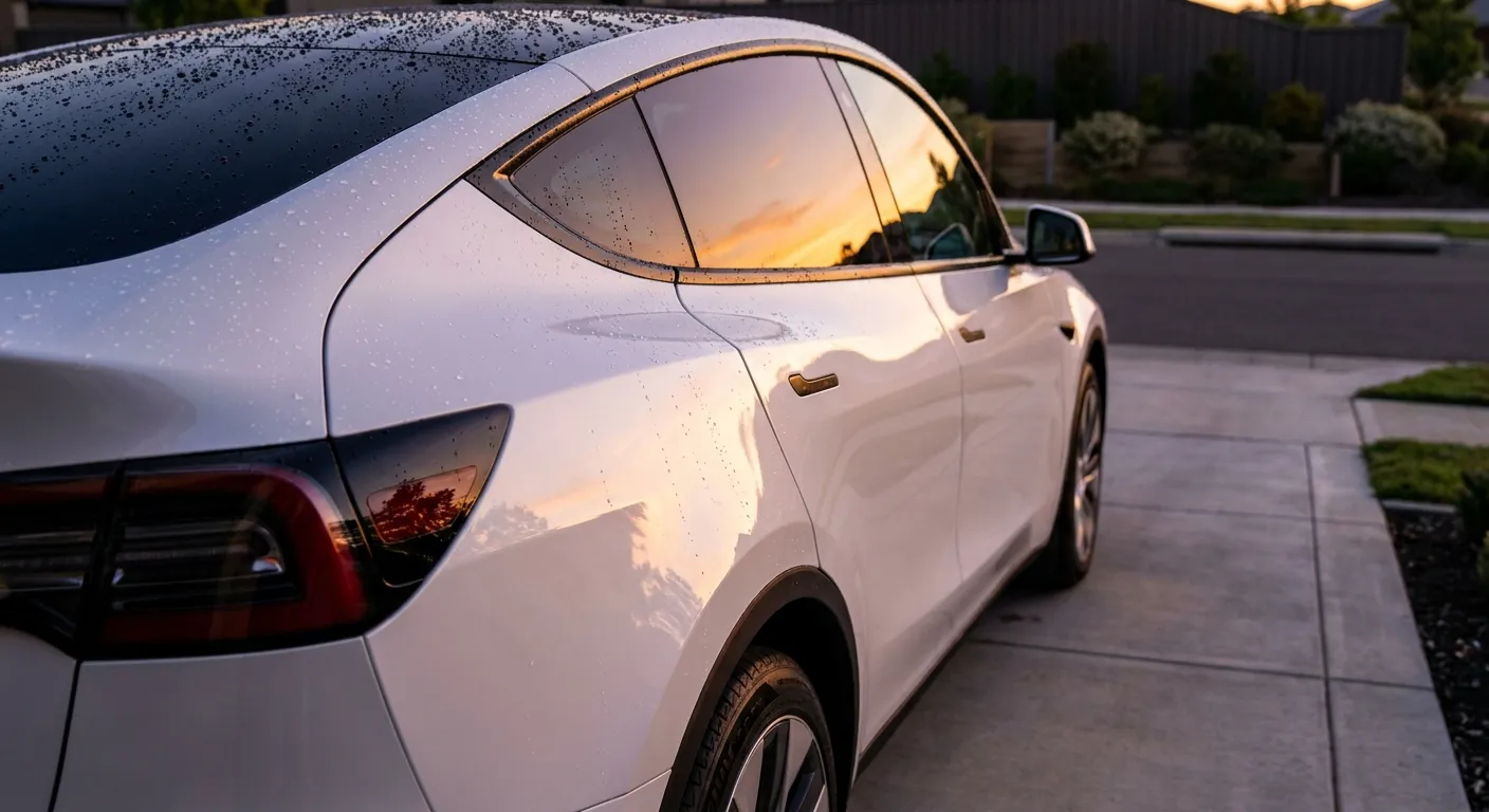 Rear three-quarter view of a white crossover parked on a suburban driveway at sunset, with water droplets on the roof and sunset reflections on the tinted windows and glossy body near the taillight and rear wheel.