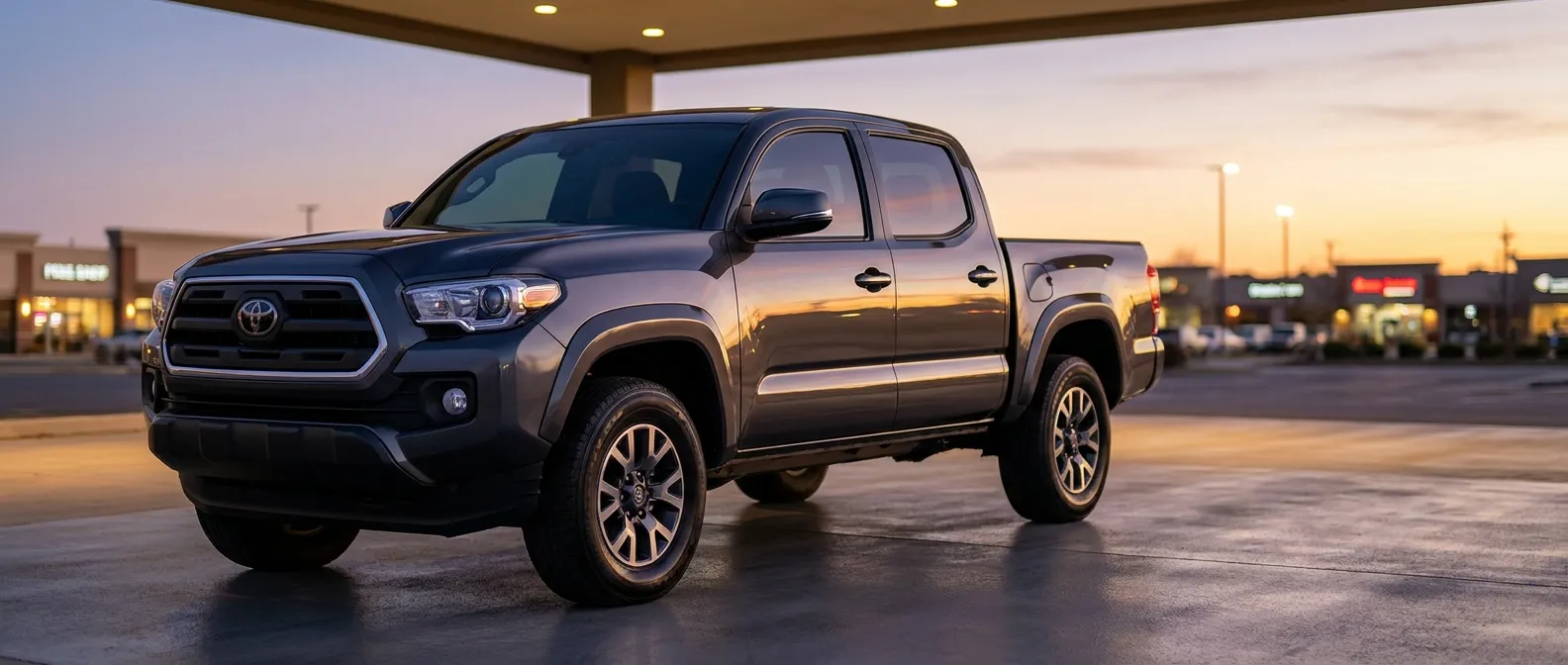 Gray Toyota Tacoma crew-cab pickup truck parked under a gas-station canopy at sunset with a lit shopping plaza in the background
