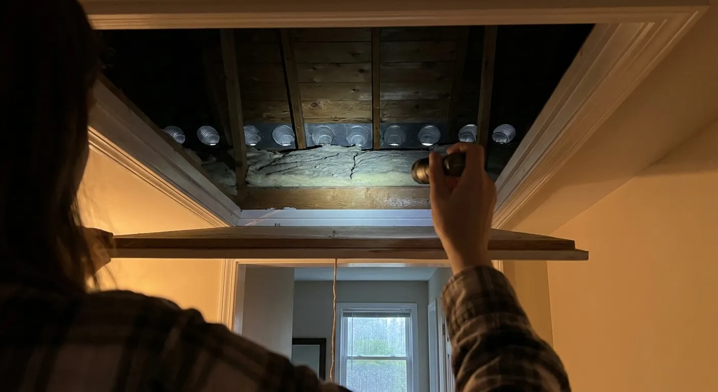 Person in a plaid shirt shining a flashlight into an open attic hatch revealing exposed wooden joists, fiberglass insulation and a row of metal circular vents above a hallway with a window.
