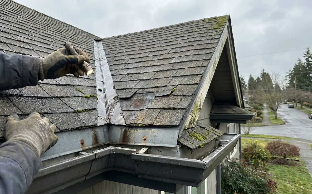 Gloved hands holding a flashlight inspecting a mossy asphalt shingle roof valley with metal flashing and rust-stained gutters on an overcast suburban street.