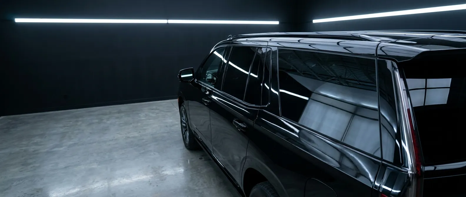 Black luxury SUV rear three-quarter view parked in a dark studio garage with glossy reflections from linear overhead lights on a concrete floor