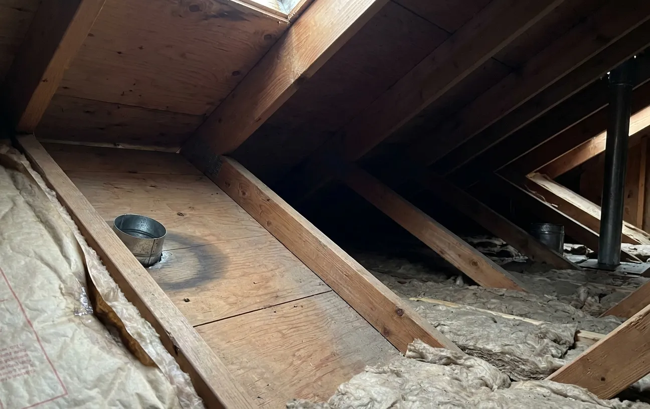 Low-angle view of an attic interior showing wooden rafters and plywood decking, loose fiberglass insulation between joists, a small metal vent flashing on the plywood with a dark ring around it, and a vertical metal vent pipe near a roof opening letting in daylight.