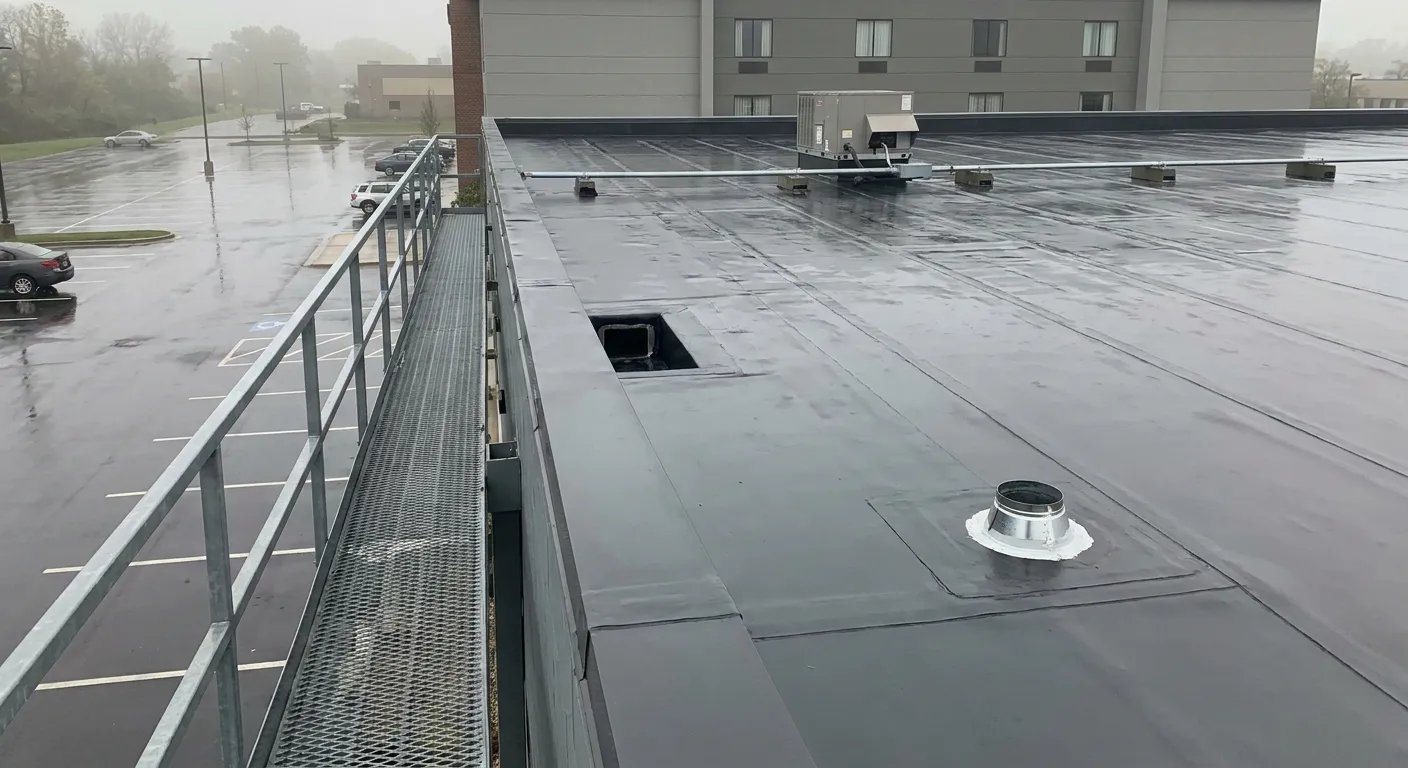 Wet flat commercial roof with dark single‑ply membrane, metal grated catwalk and guardrail along the left edge, a circular roof vent sealed with white flash, a square roof opening, rooftop HVAC unit and supports, and a rain‑soaked parking lot and multi‑story building in the background