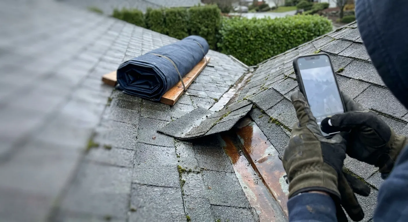 Close-up of a wet asphalt shingle roof valley with lifted, damaged shingles exposing rusted metal flashing and pooled water, gloved hands holding a smartphone photographing the damage, and a rolled tarp on wooden planks nearby.