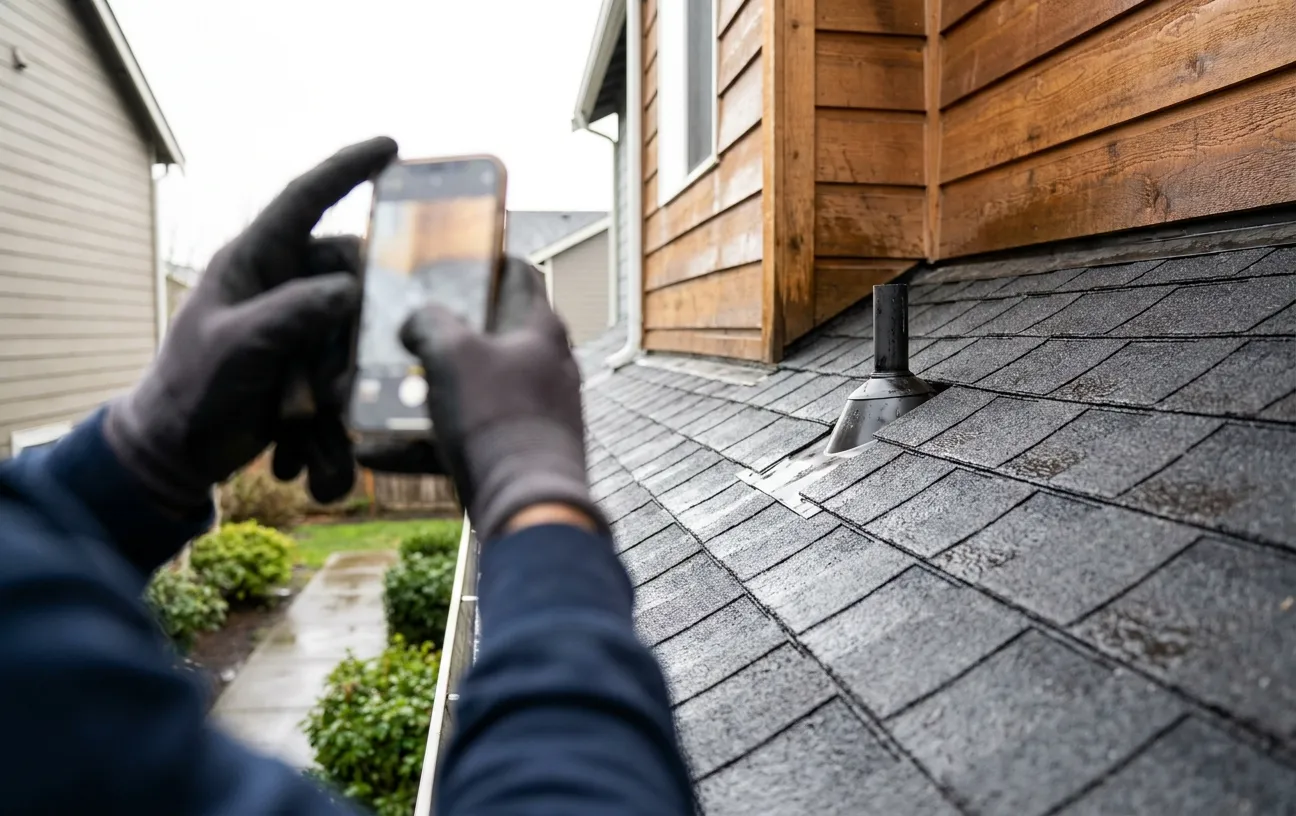 Gloved hands holding a smartphone to photograph a wet asphalt shingle roof vent next to wooden siding, with a gutter, neighboring houses and a damp walkway with shrubs below