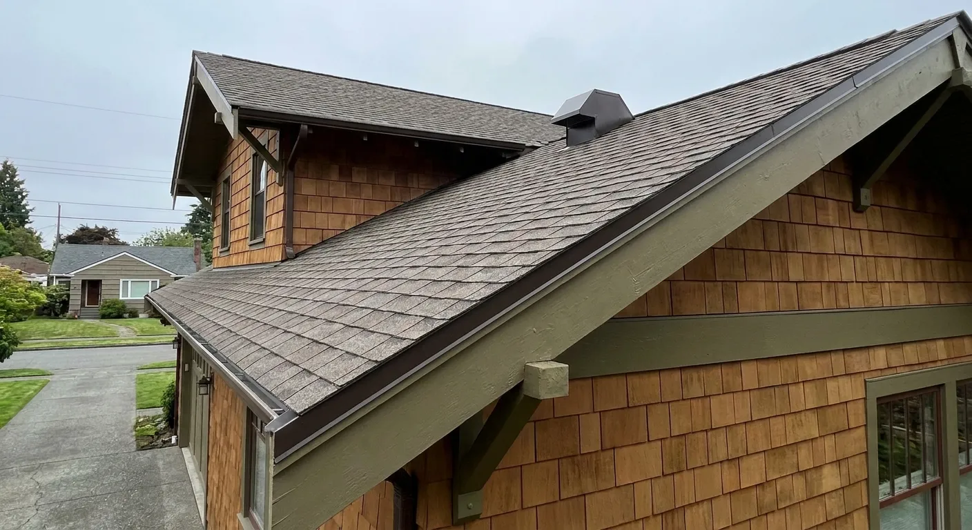 Exterior view of a brown cedar-shake house with a large sloped gray asphalt shingle roof and dormer, metal roof vent, olive-green fascia and support brackets, driveway and front lawn, neighboring homes and overcast sky
