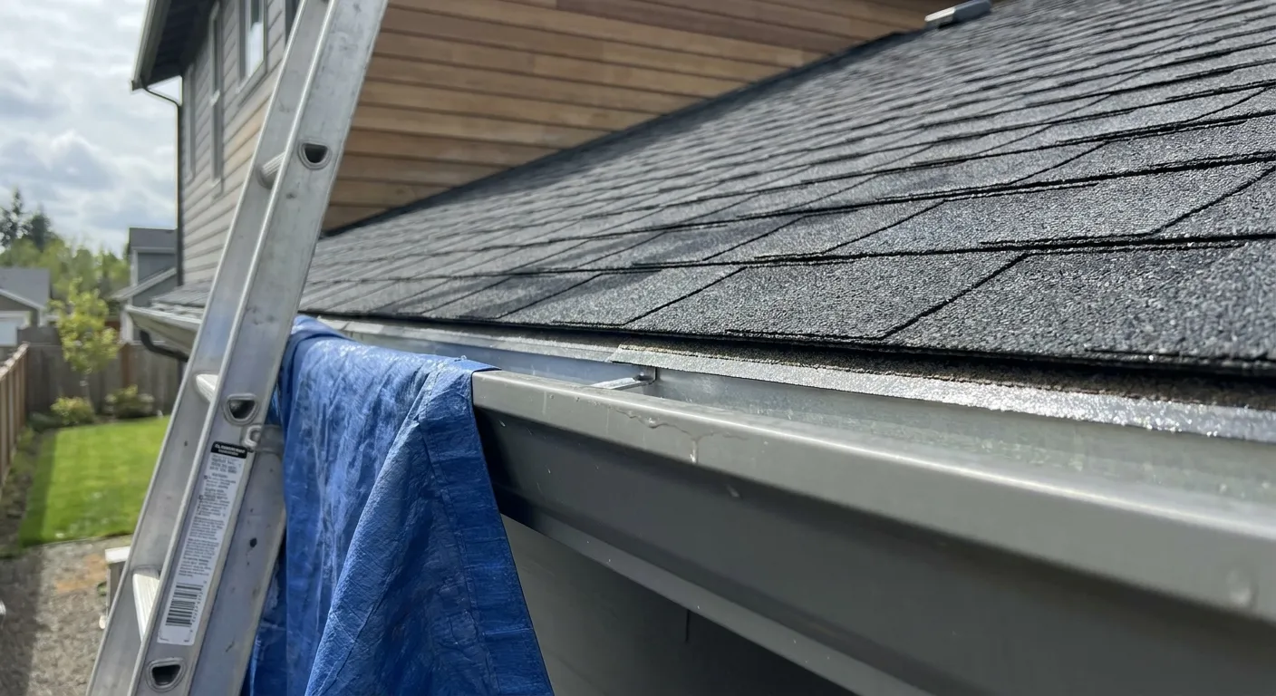 Close-up of asphalt shingle roof edge and gray metal gutter with a blue tarp draped over it, an aluminum ladder leaning against the house, wood siding and a fenced backyard visible in the background.