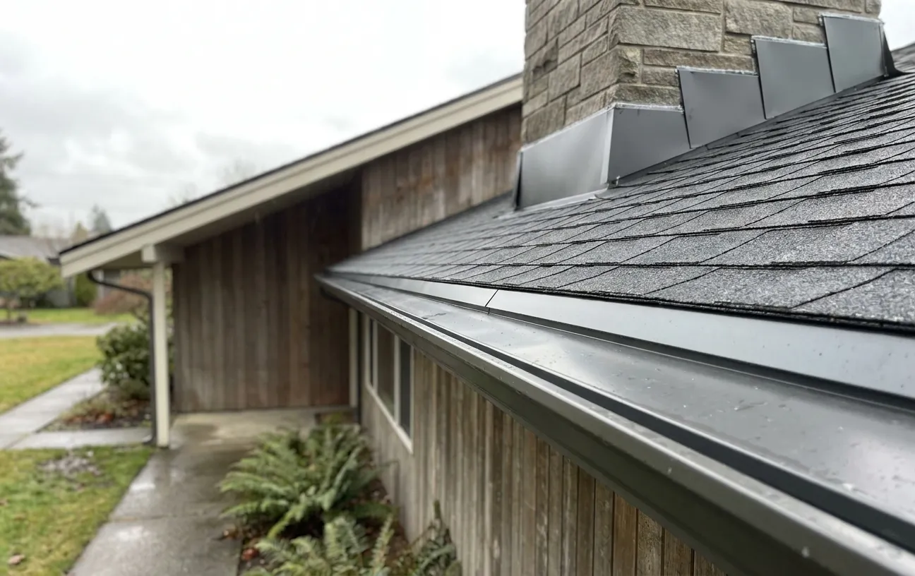 Close-up of a house roof edge with dark asphalt shingles, a metal gutter and step flashing around a stone chimney, vertical wood siding, concrete walkway, ferns and an overcast sky.