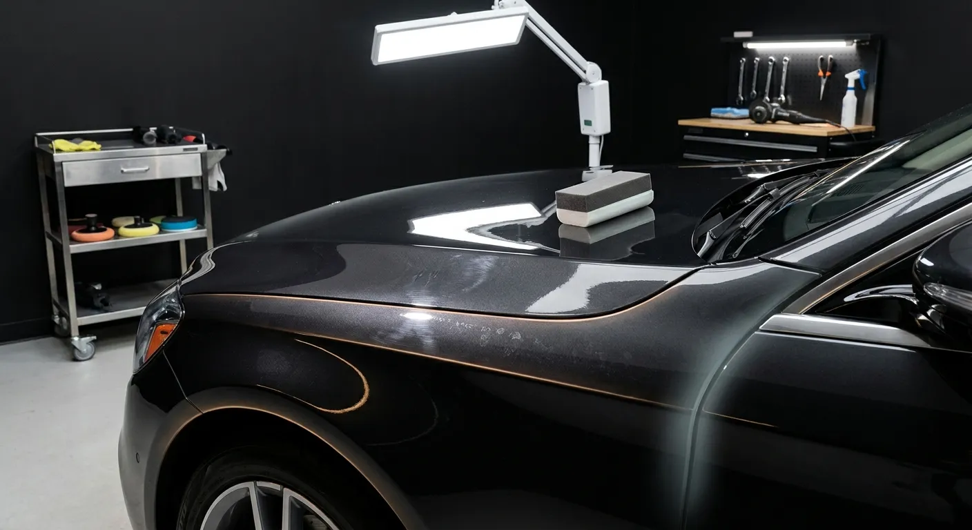 Close-up of a glossy black car hood and front fender in a detailing workshop, with a rectangular polishing sponge on the hood, an overhead LED inspection lamp casting reflections, a rolling cart holding colorful buffing pads, and a workbench with tools in the background.