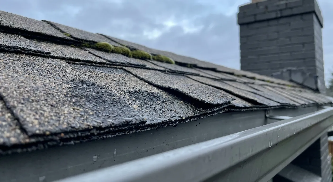 Close-up of a worn asphalt shingle roof with curled lifting shingles and moss along the ridge above a rain-damp metal gutter with droplets, a brick chimney and overcast sky in the background.