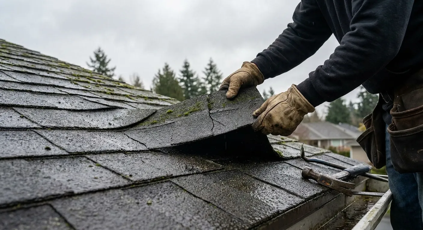 Man lifting up a shingle on a roof