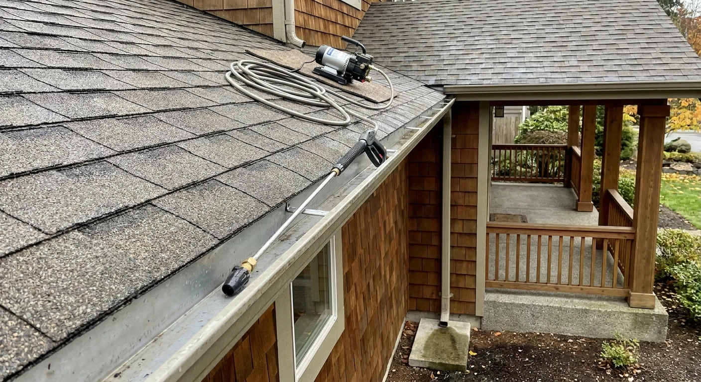 Coiled hose and small pump resting on a gray asphalt shingle roof, with a long metal spray wand lying in a metal rain gutter beside wooden shingle siding and a covered porch with wooden posts and railing, downspout leading to a concrete splash block and landscaped yard.