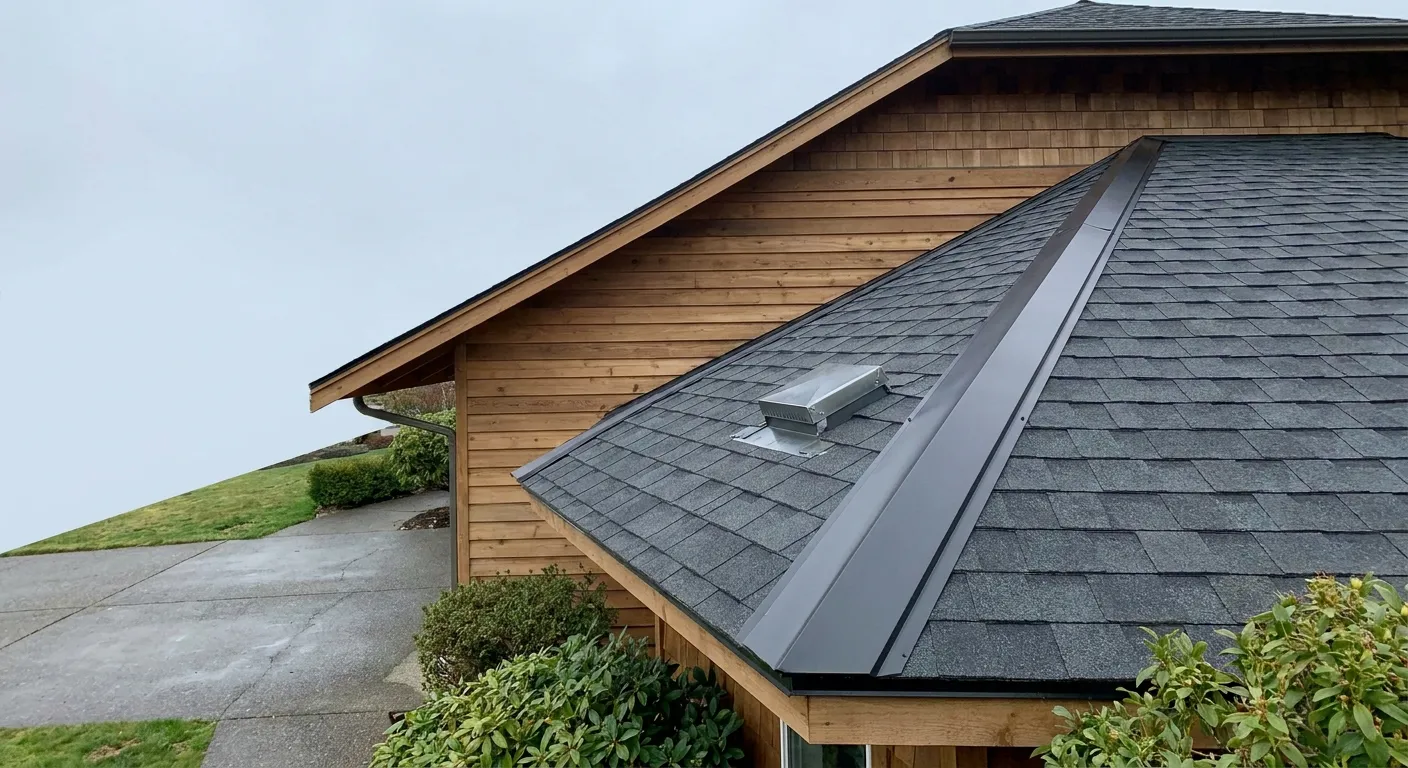 Angled view of a wooden house with gray asphalt shingle roof, metal ridge cap and rectangular roof vent, horizontal natural wood siding, concrete driveway, green lawn and shrubs under an overcast sky