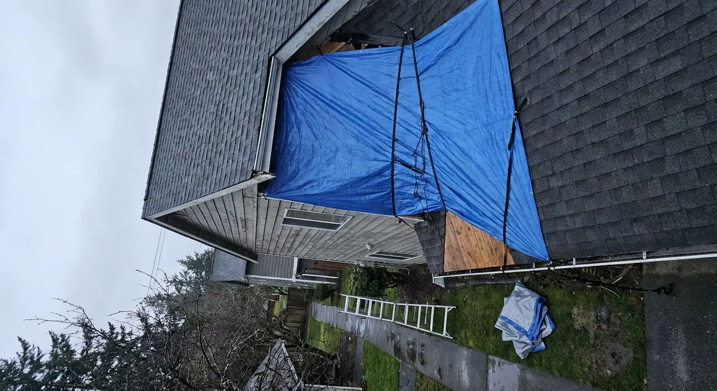 Two-story gray house with a large blue tarp secured over a section of the gray shingled roof and gable with a wooden board visible beneath it, an extension ladder laid along a wet concrete walkway, a folded tarp on the grass, evergreen trees and an overcast sky.