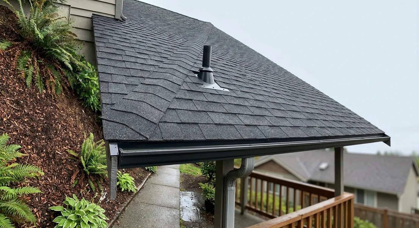 Dark gray asphalt shingle roof with a vent pipe, metal gutter and downspout above a rain‑soaked concrete walkway beside a sloped mulched garden with ferns, and a wooden deck railing with neighboring houses in the background.