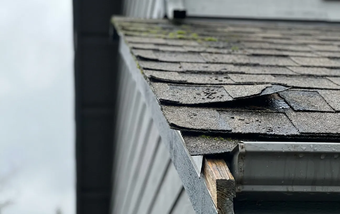 Close-up of a roof edge showing damaged gray asphalt shingles curling and missing granules, small moss growth and wet spots, with a metal drip edge, exposed wooden fascia and a white rain gutter with water droplets.