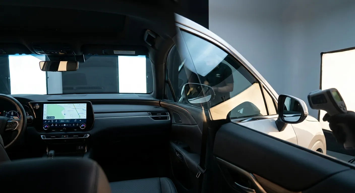Modern car interior from the rear seat showing a black dashboard and steering wheel, touchscreen infotainment display with a map, open passenger door revealing a white exterior and side mirror, studio lighting, and a hand holding an infrared thermometer near the open window.