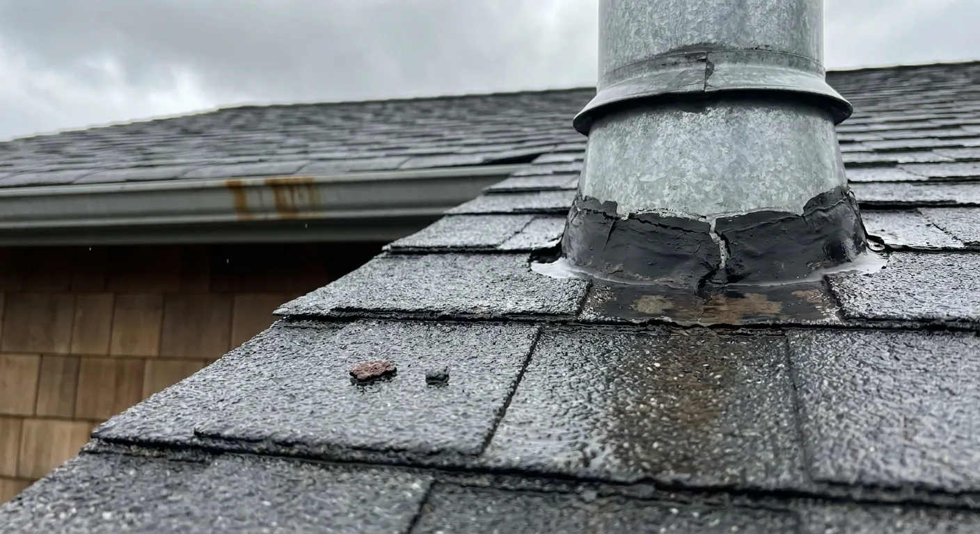 Close-up of a wet asphalt shingle roof with a galvanized metal vent pipe and cracked black flashing sealant at its base, water pooling on shingles and a rust-stained gutter visible in the background