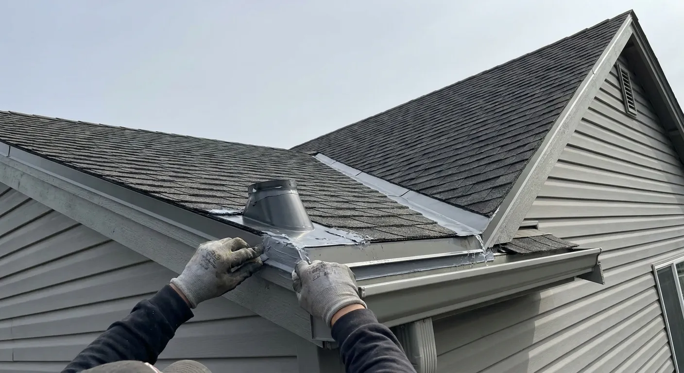 Gloved hands pressing metal flashing and sealant around a roof vent where two asphalt-shingle roof planes meet above a gutter on a gray vinyl-sided house.