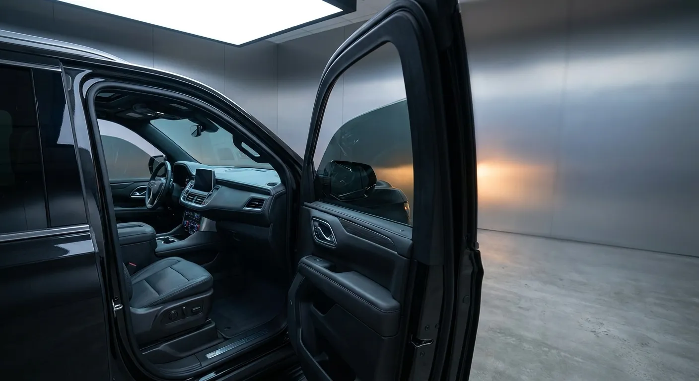 Black SUV with front passenger door open showing black leather driver's seat, steering wheel, dashboard with touchscreen infotainment, center console and door panel, parked in an empty industrial studio with concrete floor, metallic walls and overhead rectangular light.