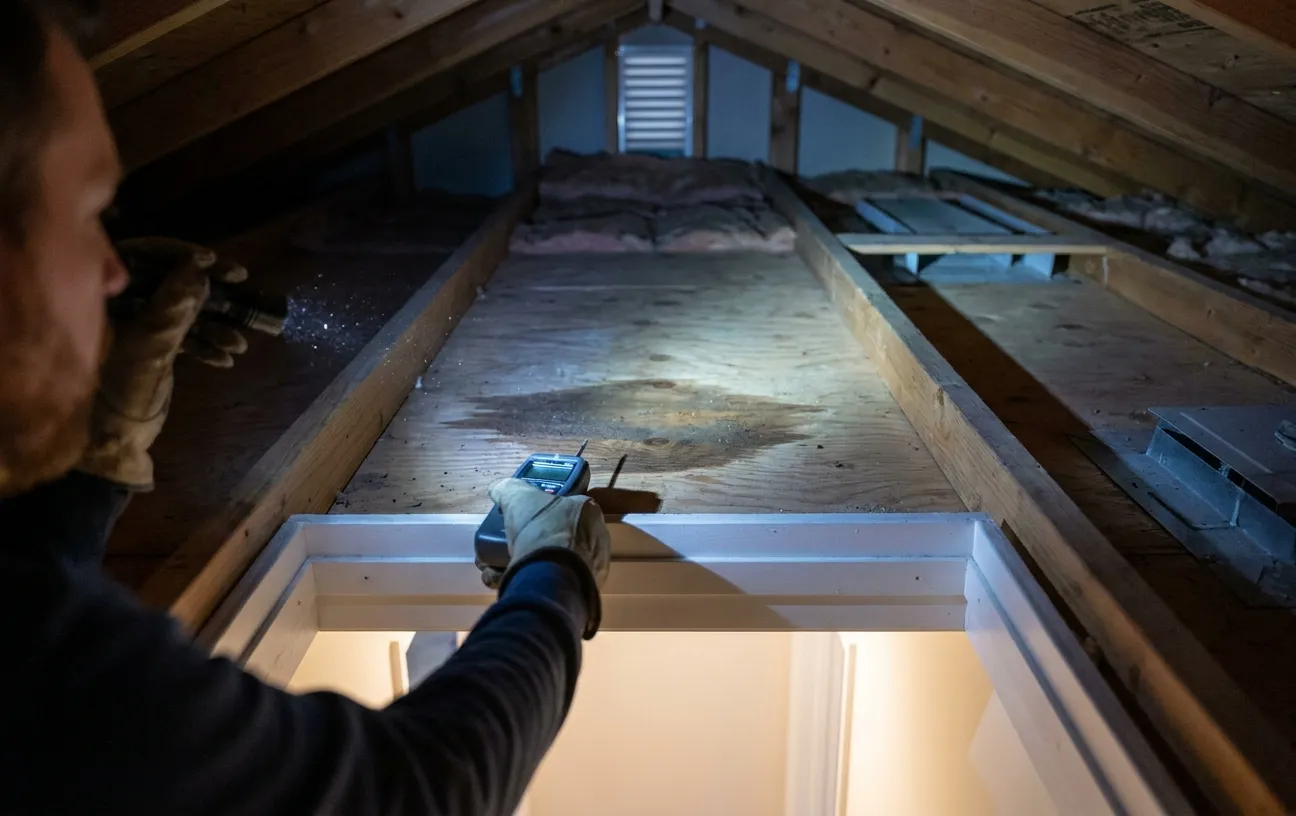 Gloved person using a flashlight and handheld moisture meter to inspect a wooden attic floor and insulation above a doorway