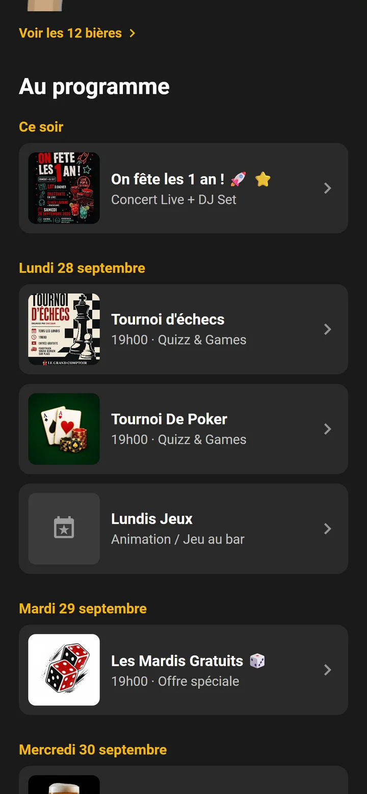 Programme des soirées dans l'application Le Grand Comptoir