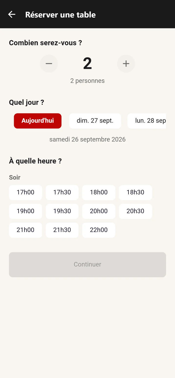 Réservation d'une table dans l'application Le Grand Comptoir