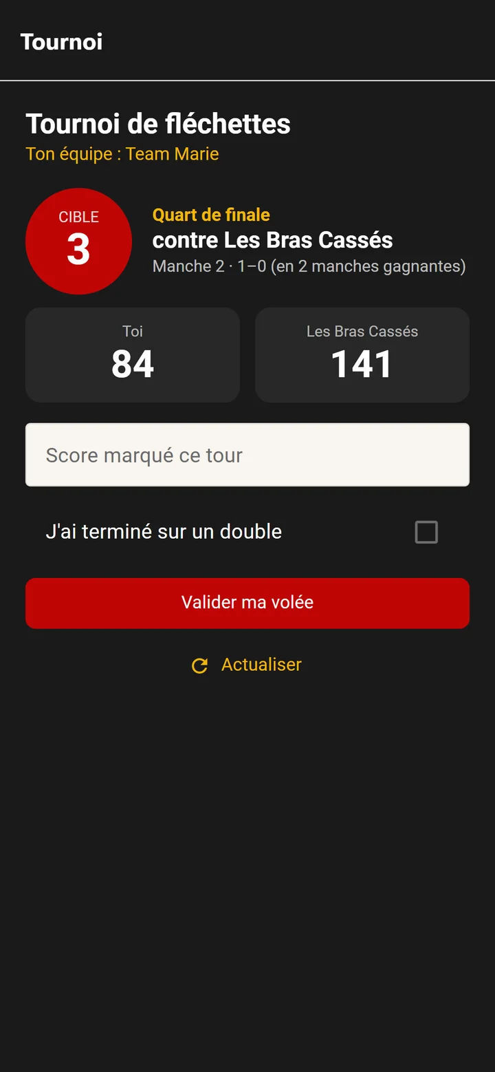 Saisie des scores d'un tournoi de fléchettes dans l'application