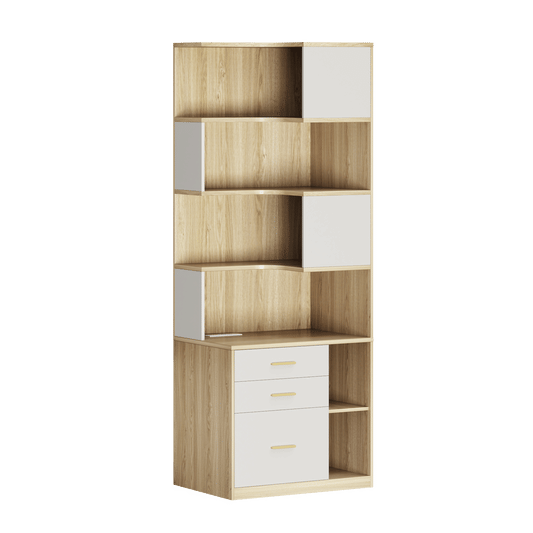 74.4" Tall L-Shaped Corner Bookshelf, 7-Tier Bookcase Light Walnut