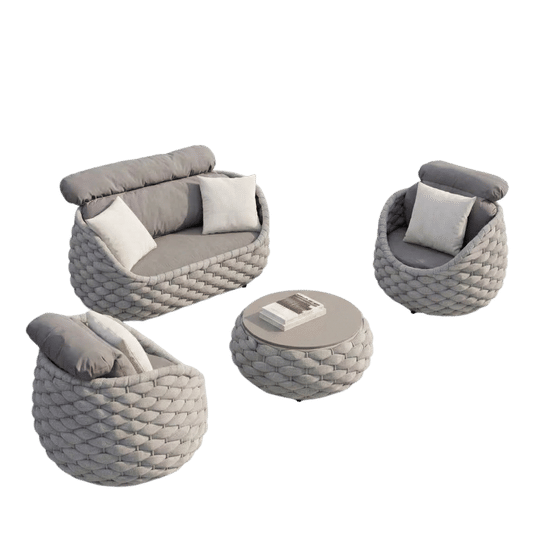 4-Piece Eggshell Woven Rope Patio Furniture Set with 1 Loveseat & Coffee Table, 2 Lounge Chairs