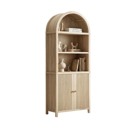 76" Tall Arched Bookcase, 5 Tier Fluted Cabinet with Doors & Adjustable Shelves